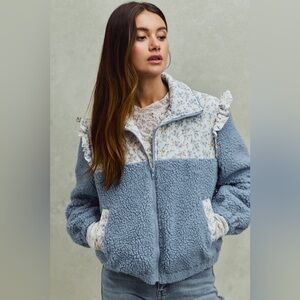 SO ME Faux Fur Sherpa Pull Jacket with Floral Contrast